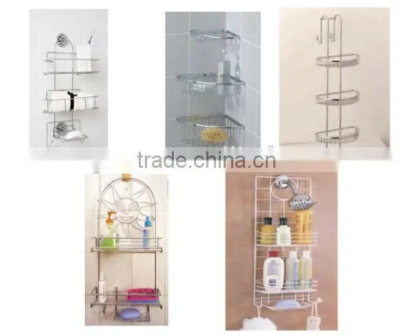 Silver Wall Mounted Bathroom Aluminum Storage Shelf Basket with Hooks