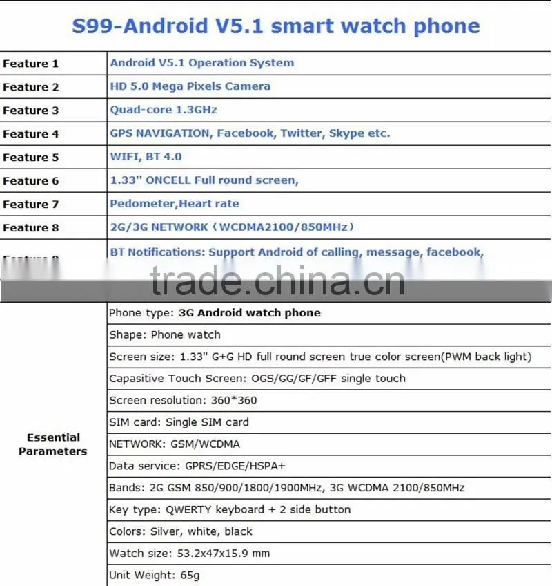 Android 5.1 GSM Bluetooth 4.0 3G Quad Core with Camera Sim Card Smart Watch