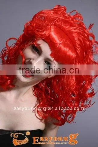 Crazy red color party wig, Halloween wig with horn