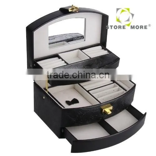 Black Pu Leather Jewelry Box Jewelry Case Jewelry Storage Organizer with Lock And Mirror