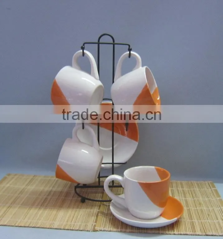 Set of 4 double colors ceramic custom mug and saucer with rack