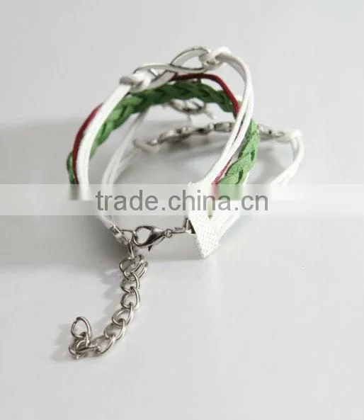 heart to heart bracelet, love with green flocking leather,brown baided Leather bracelet, friendship charm bracelet