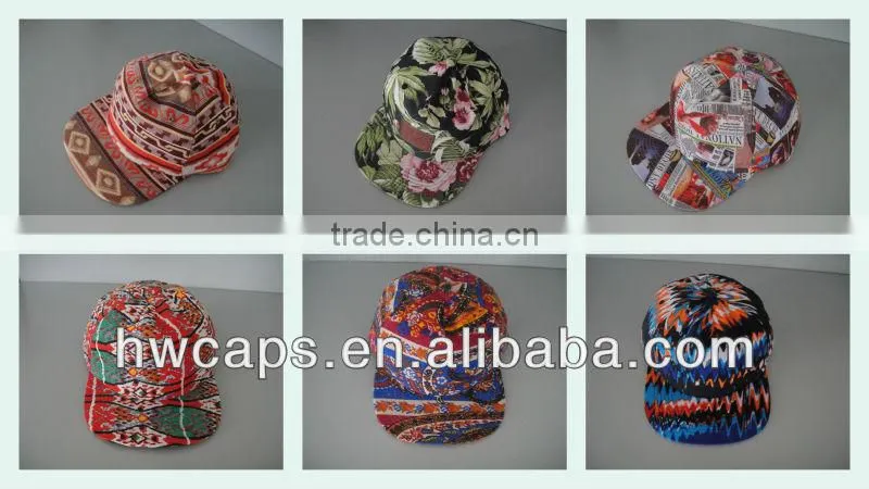 Printed Pattern Solid Color Flat Brim Leather Patch 5 Panel Flat Hat