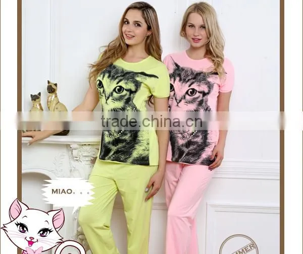 2015 wholesale custom s/s cotton cat printed design long pants fancy lady pyjamas