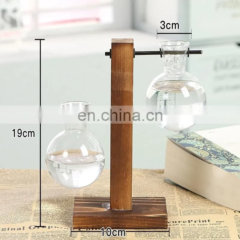 Terrarium Hydroponic Plant Vases Vintage Flower Pot Transparent Vase Wooden Frame Glass Tabletop Plants Home Bonsai Decor