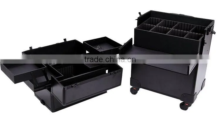 Professional 4-in-1 trolley makeup artist case,professional cosmetic trolley cases,OEM Black rolling aluminum makeup vanity case