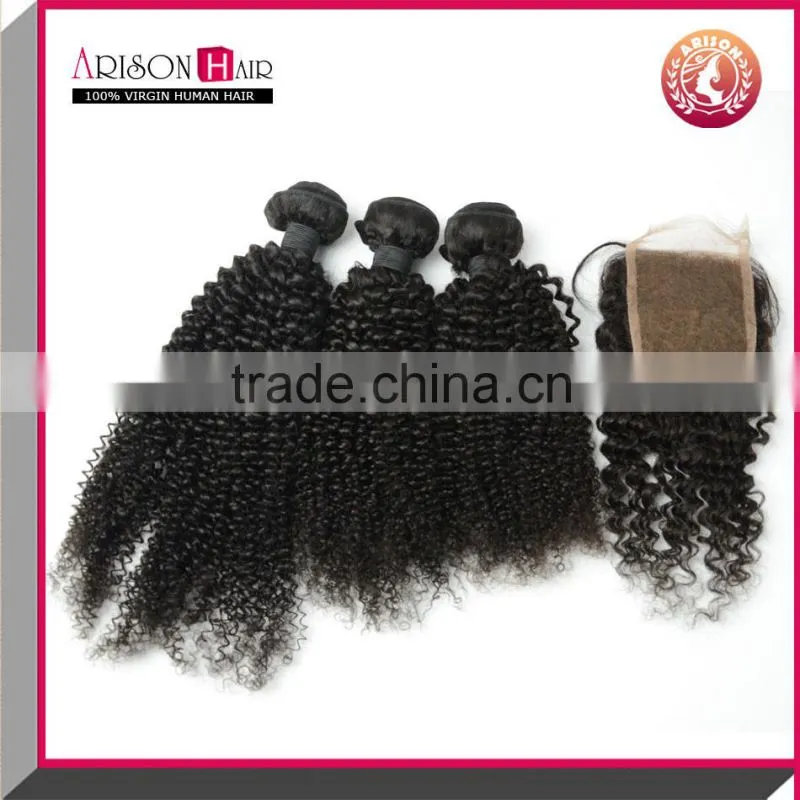Top grade 100% brazilian cheap human hair kinky curly lace closure with hair bundles