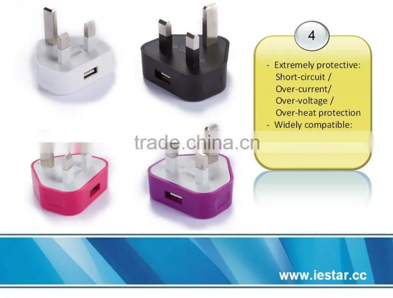 2014 New Fashion High Speed 1A Portable USB UK Charger for mobilephone