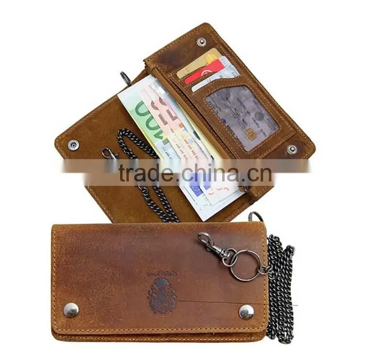 Brown vintage genuine leather chain wallet men's biker wallet with button closure