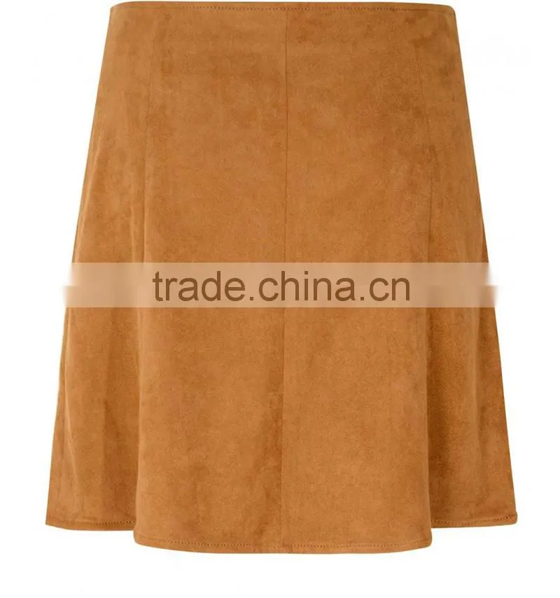 New Women Tan Suedette Button High Waist Skirt