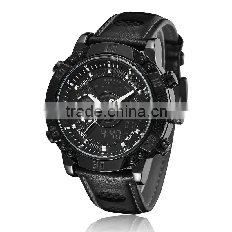 WJ-5446 genuine leather strap IP plating high quality double show Ohsen waterproof men sport watch