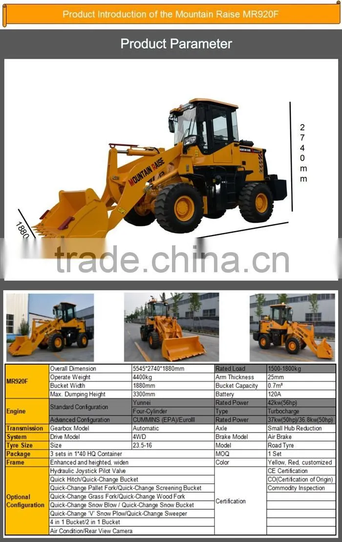 articulated 1500kg 4WD ZL920 mini wheel loader with high quality