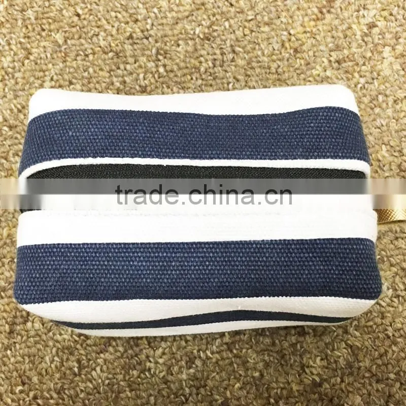 block stripe cotton canvas zipper make up bag small pouch case