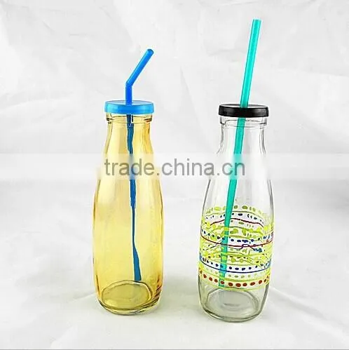 500ml glass milk bottle with straw
