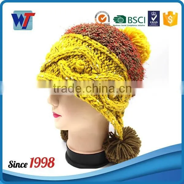 2016 new design Knit pattern ear flaps knitting hat with pom pom
