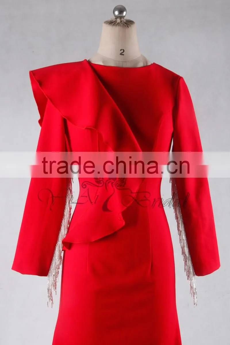 J--00103 red long sleeve muslim evening dress customized tassles o neck evening gown