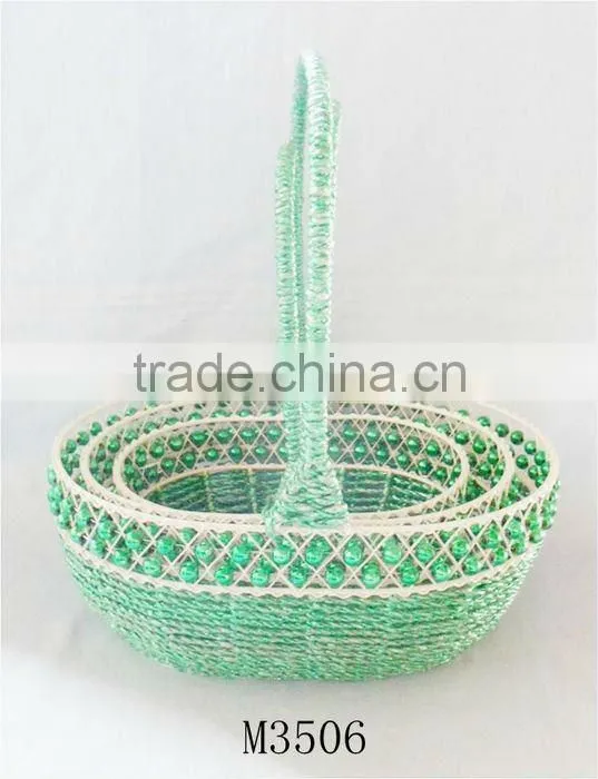 Set of Three Green Paper rope storage basket with bead