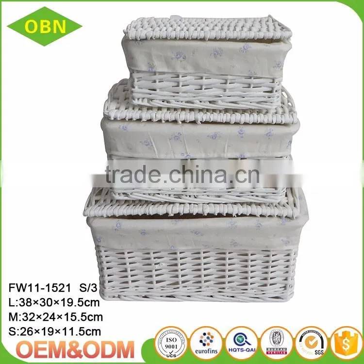Customized willow weaving fabric liner woven baby clothing storage big basket with lid