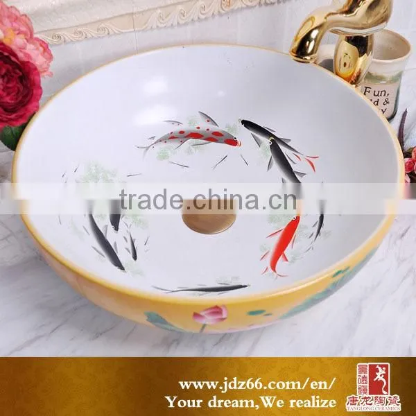 Hot sale yellow bathroom wash sink with vivid goldfish lining
