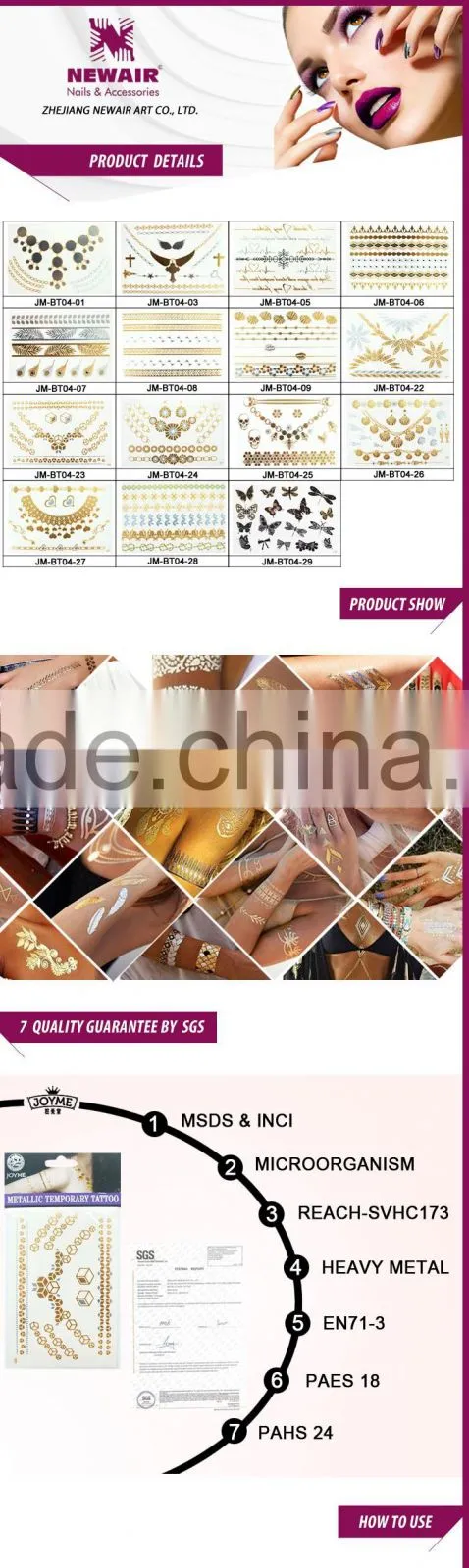 Eco-friendly flash gold metallic fluorescent body skin safe temporary tattoo sticker