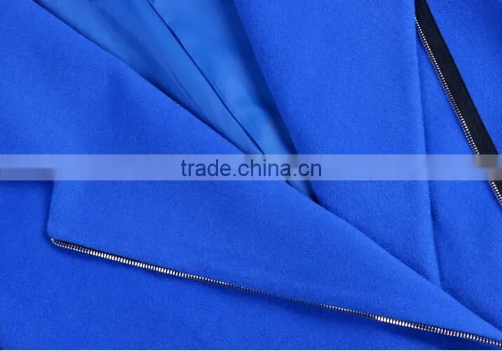 latest ladies quality overcoat blue wool/polyester woman factory wholesale coat