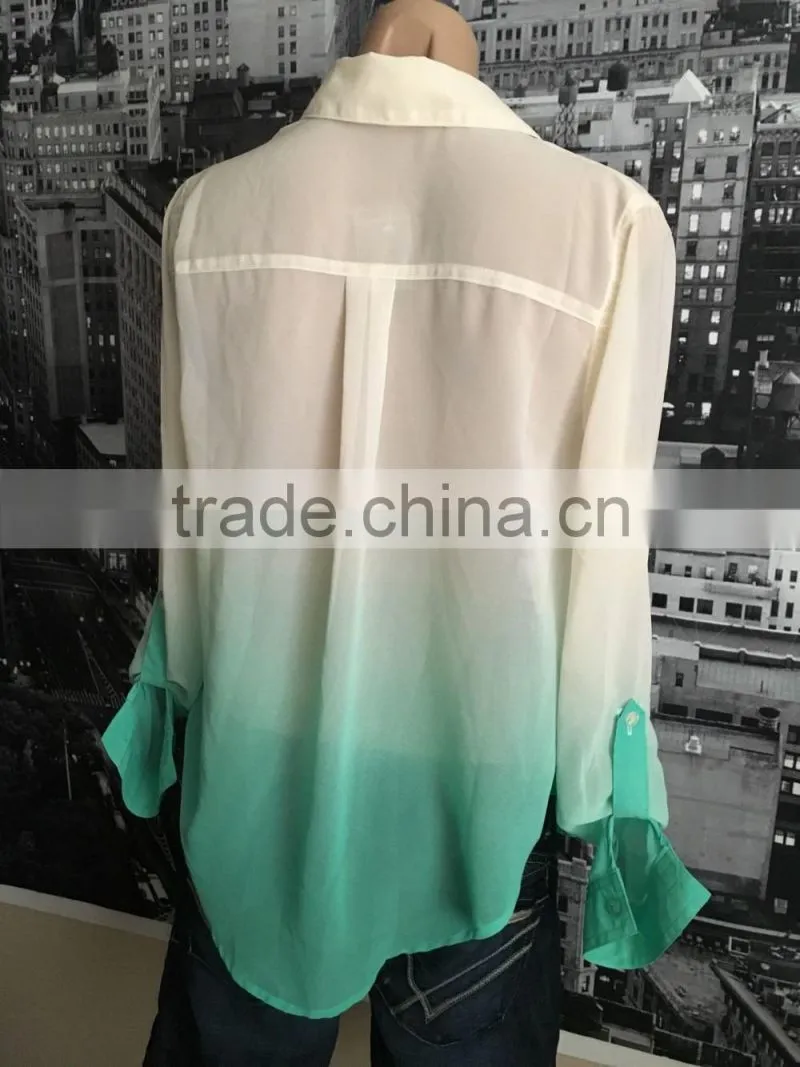 Womens Ombre Chiffon Button Down Shirt Top Long Sleeve Loose Casual Blouse