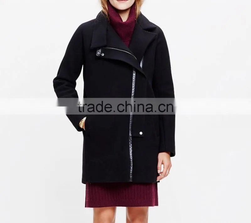 wholan new classic black wool zip up coat for ladies wholesale 2016