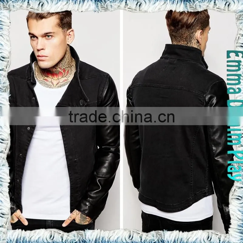 Manufactory Wholesales Black Denim Man Leather Sleeves Jackets