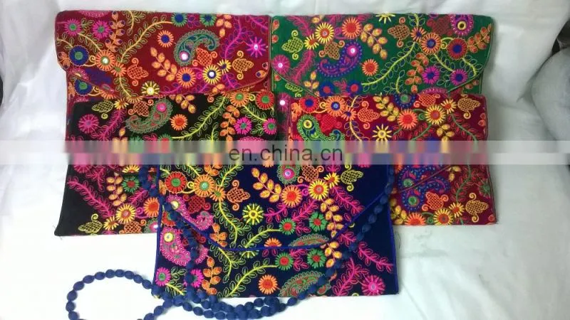 Hot Fancy Floral Embroidered Color Full Traditional Indian Velvet Party Clutch Tribal Ethnic Gypsy Clutch Evening Handbag Pouch