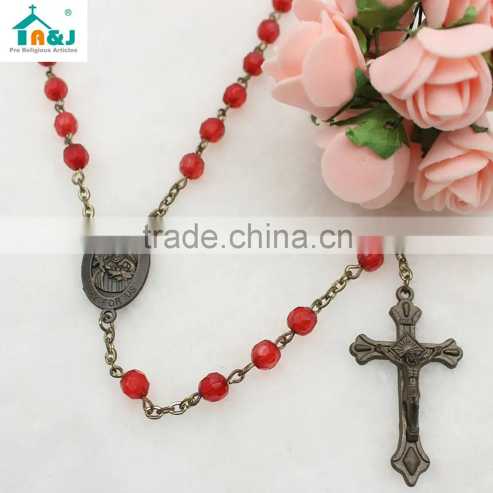 Religious red plastic rosary bead wholesale necklace