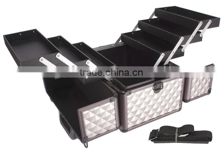 Diamond Textured Pattern 6 Extendable Trays Aluminum Professional Makeup Artist Cosmetic Storage Carrying Travel Train Case