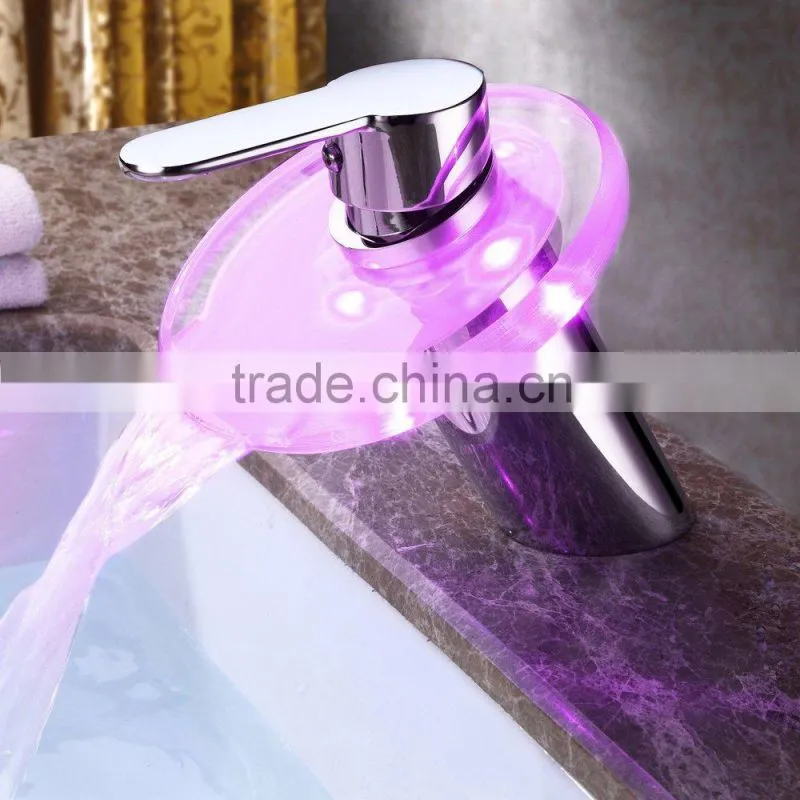 Color Changing LED Waterfall Bathroom Sink Faucet with Glass Spout