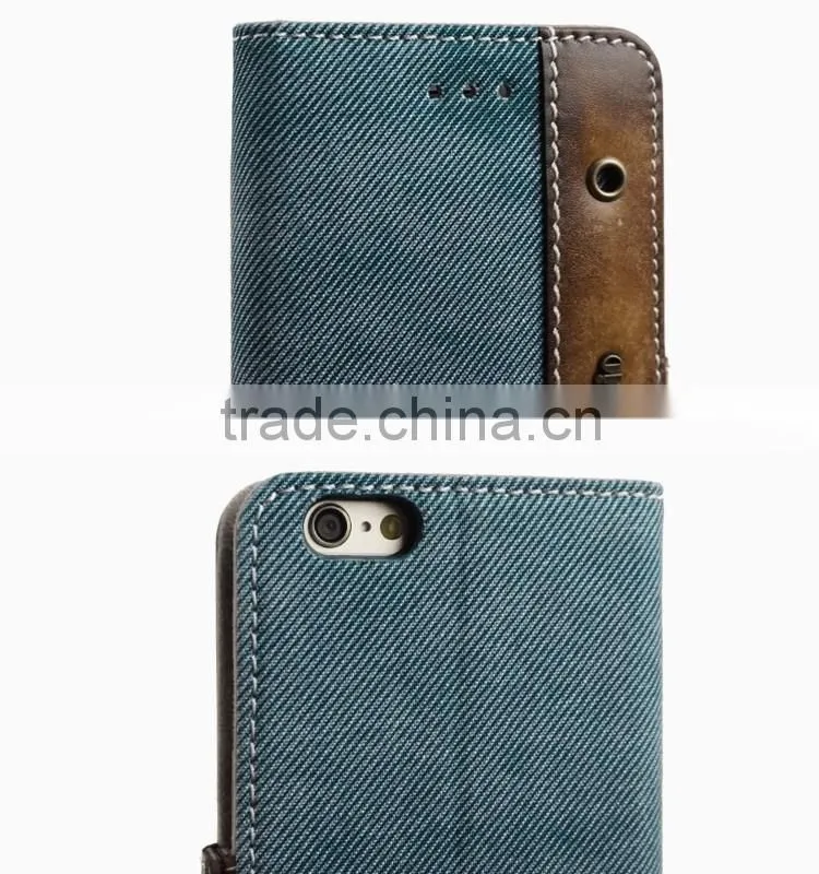 Genuine Leather & Denim Jean Flip Cell Phone Case/Booklet With Card Slots for iPhone 6/6plus for lady/female