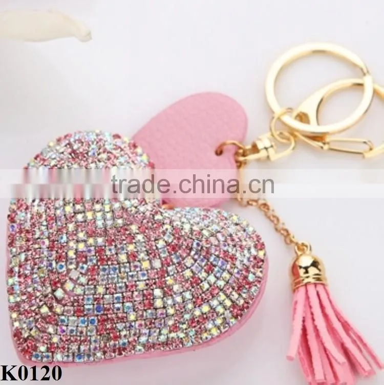 Metal key chain ring full rhinestone heart crystal leather keychain keyring for wholesale K0120