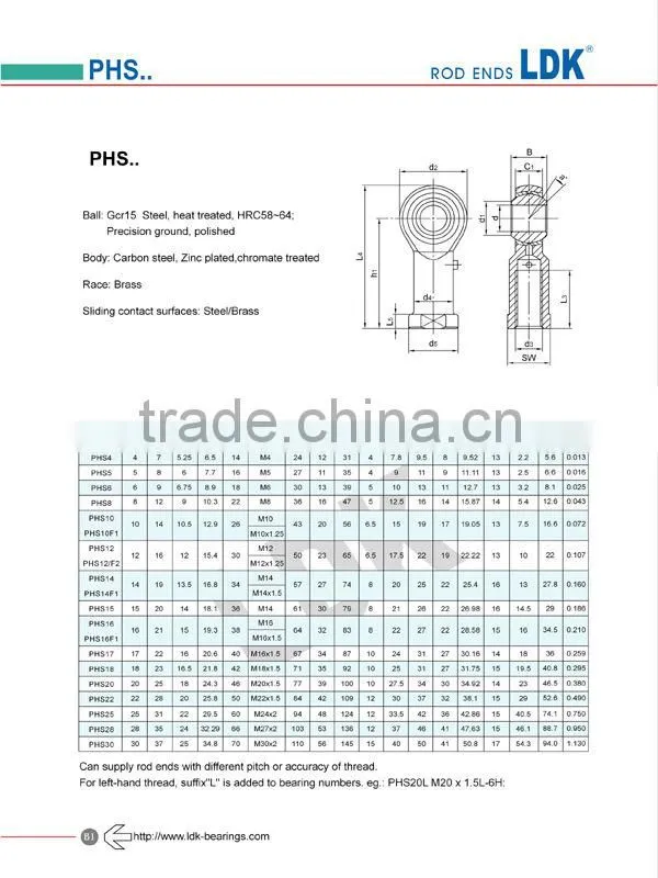 LDK TS16949 approved rod end bearings phsl20 rod left hand threaded