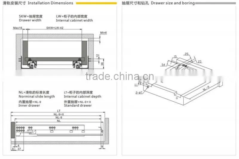 Kitchen cabinet soft closing full extension drawer slide
