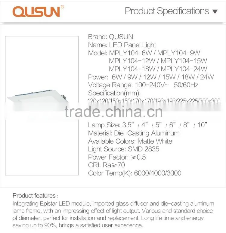Hotsale 3W/6W/9W/12W/15W/18W/24W Square led ceiling panel light
