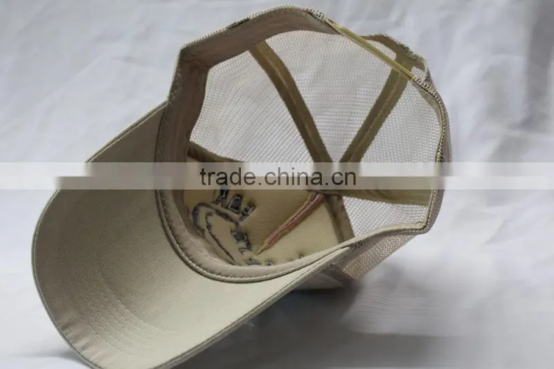 Khaki 5-panel foam mesh trucker caps with embroidery
