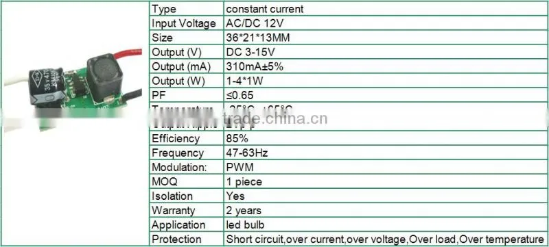 LED driver for bulb 1-4*1W 3-15V 310mA