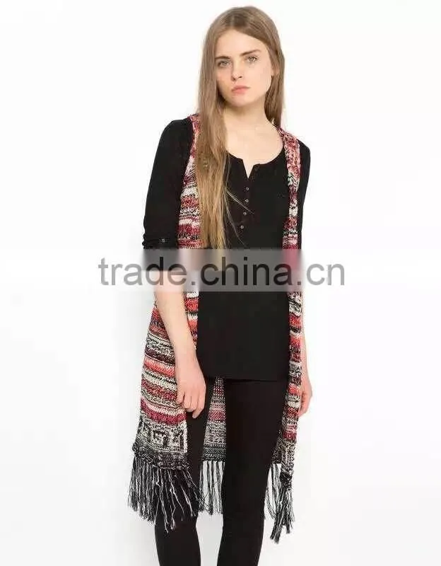 Women's knitted sweater vest, cardigan sleeveless sweater vest with fringe