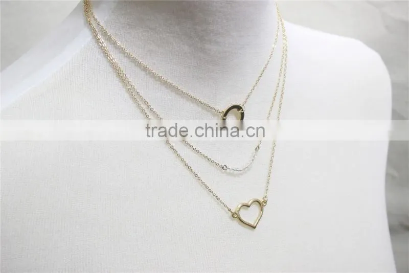 Gold Chain Layered Set Necklace w/Clear Crystal & Circle Heart Metal Necklace 2016 Fashion Style Wholesale