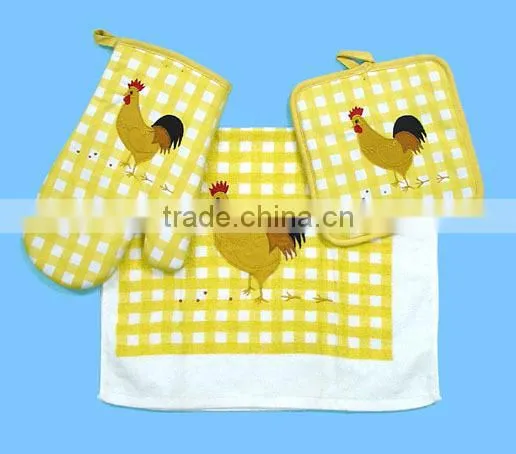 3pc pigment printing towel with fringe cheese holder set rooster design glove set