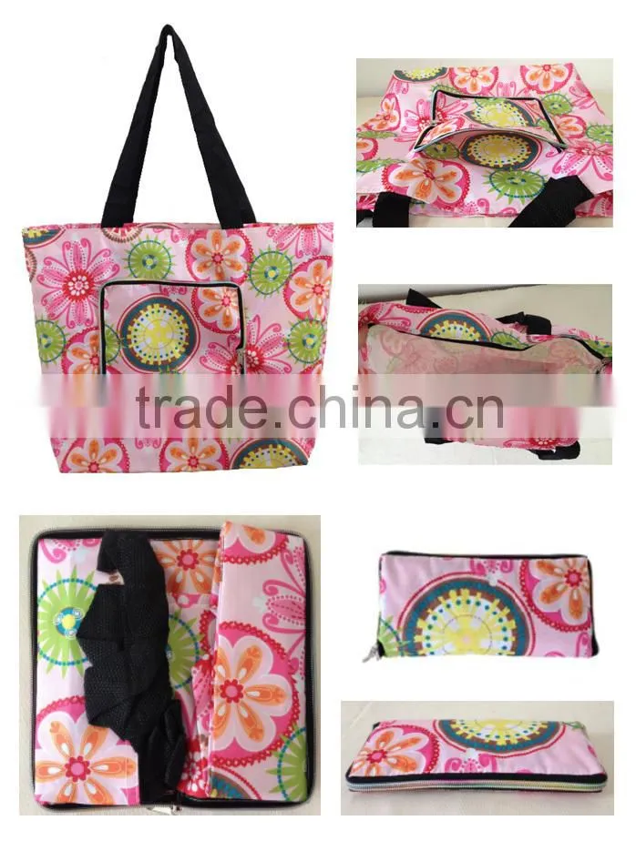 PP handles floral print polyester foldable beach bag wholesale