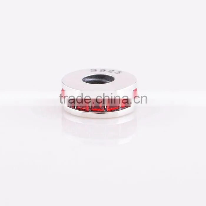 Elegant Red Zircon Stones Surrounding Flat Sterling Silver Charms For Bracelets European Style Silver Beads