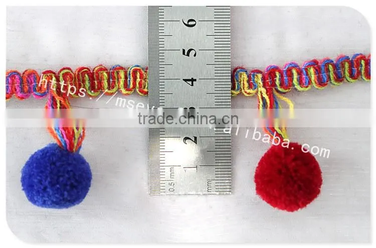 Fashional design 5cm width corchet cotton rainbow pom pom for garment