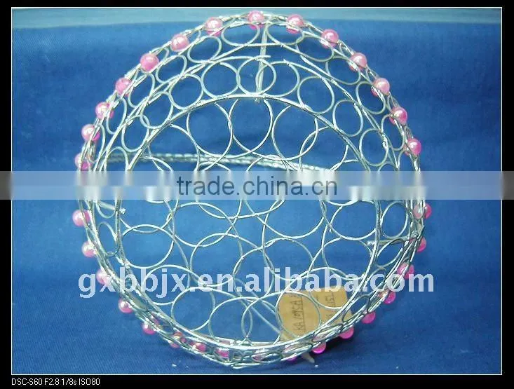 Silver round storage wire hanging basket frame decorative with red pearl