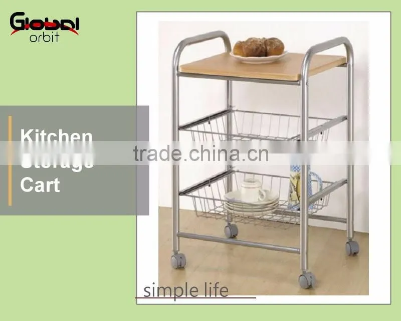Kitchen Stainless Steel Serving Cart Food Wooden 3 Tier Shelf Rolling Wheels