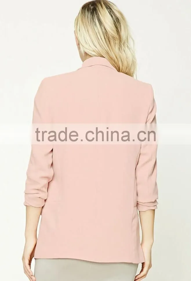 Women Formal Blazer Modern Fashion Textured Knit Open Front Long Ruched Sleeves LONGLINE Latest Blazer Design For Mature Ladies