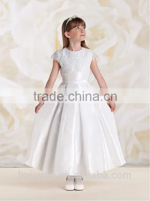 lovely white satin cap sleeve lace dress for wedding baby cloth