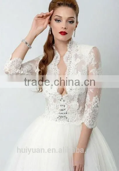 beautiful deep v neck lace long sleeve muslim wedding dress